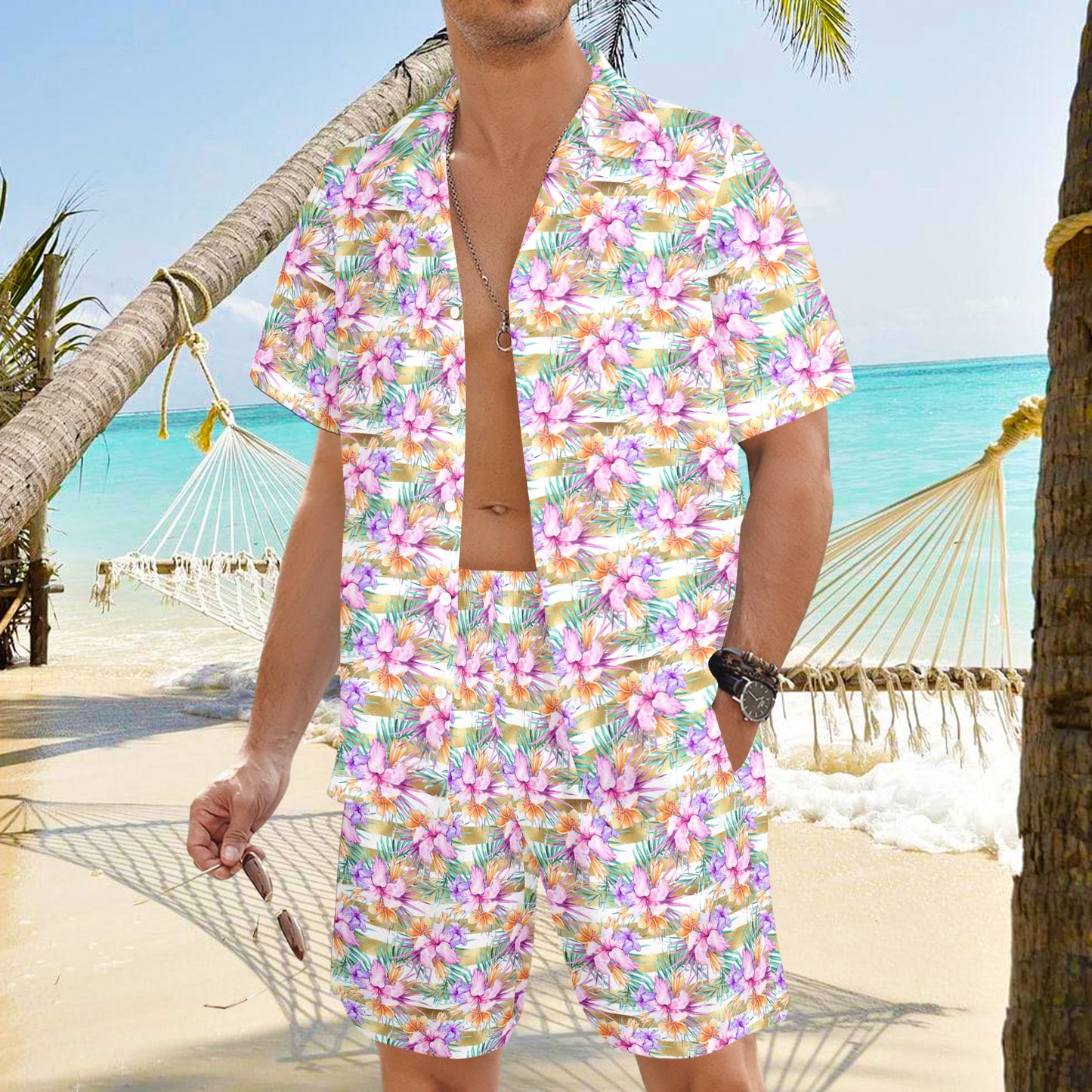 Men's Shirt & Shorts Set Hibiscus Stripes Men's Shirt and Shorts Outfit (Set26)