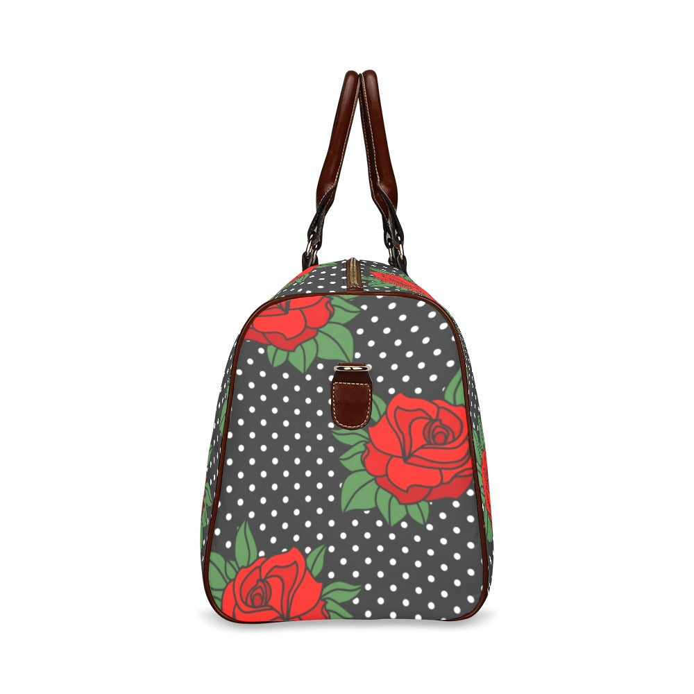 pattern-rockabilly-roses-red-black-white Waterproof Travel Bag/Small (Model 1639)
