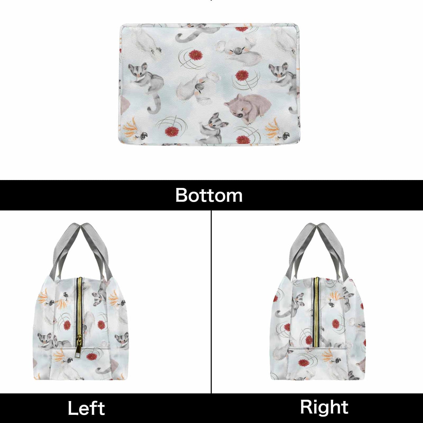 Australian Animals Koala, Sugar Glider, Wombat  Portable Lunch Bag-Grey Handle