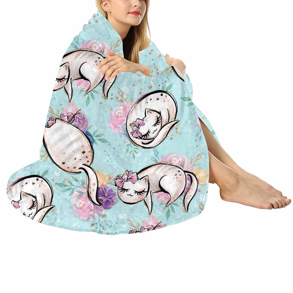 Blue Cats  Circular Micro Fleece Blanket 47"