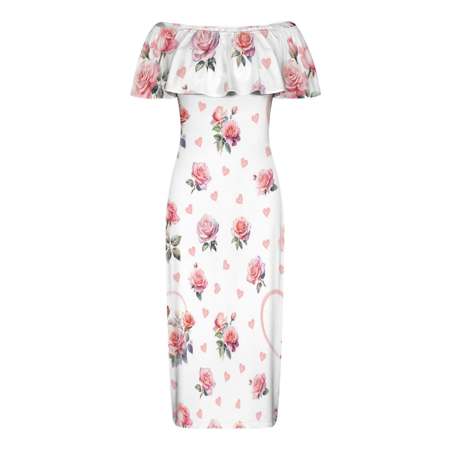 roses4 Women's Off Shoulder Ruffle Boat Neck Dress (Model D71)