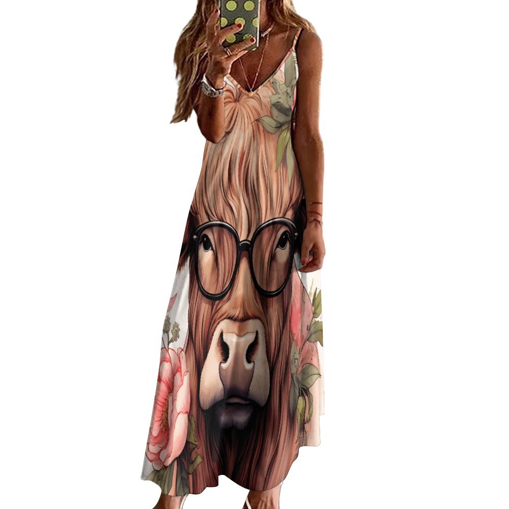 Highland Cow Spaghetti Strap Ankle-Length Dress Long dress