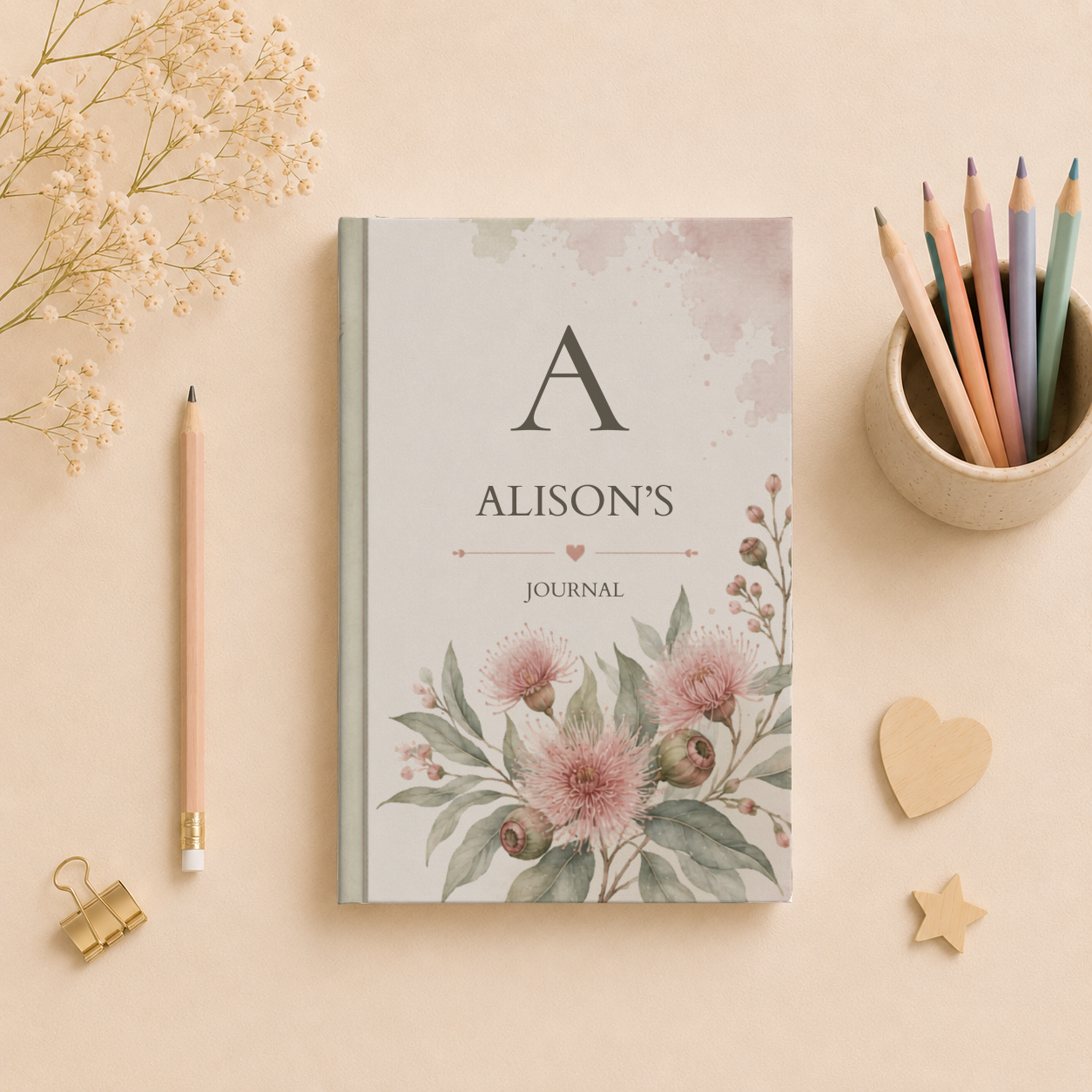 Bush Gum Blossom, Floral Hardcover Journal, Personalized Notebook, Custom Gift, Aesthetic Writing, Matte Finish Diary, Artist Design