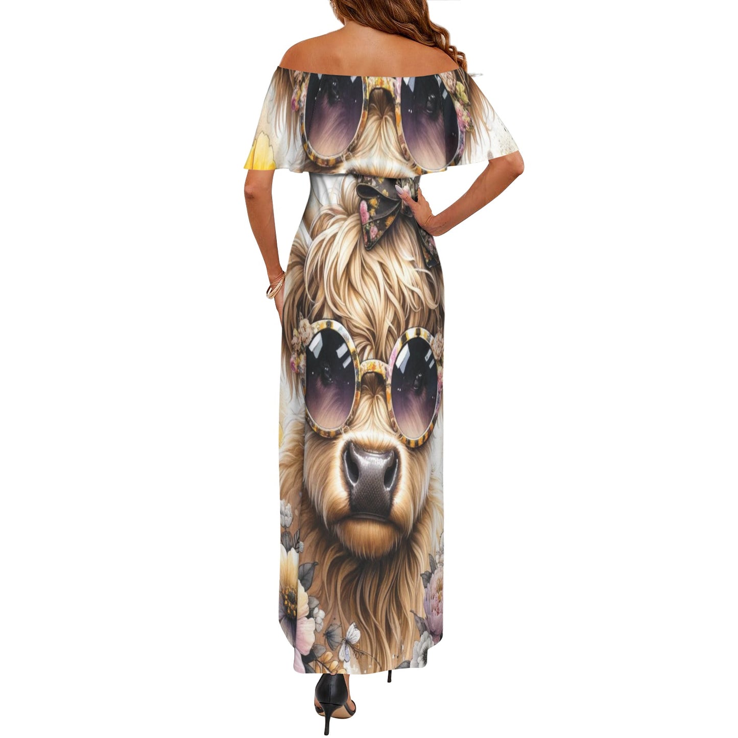 Highland Cow awd701 Women's Off Shoulder Ruffle Boat Neck Dress (Model D71)