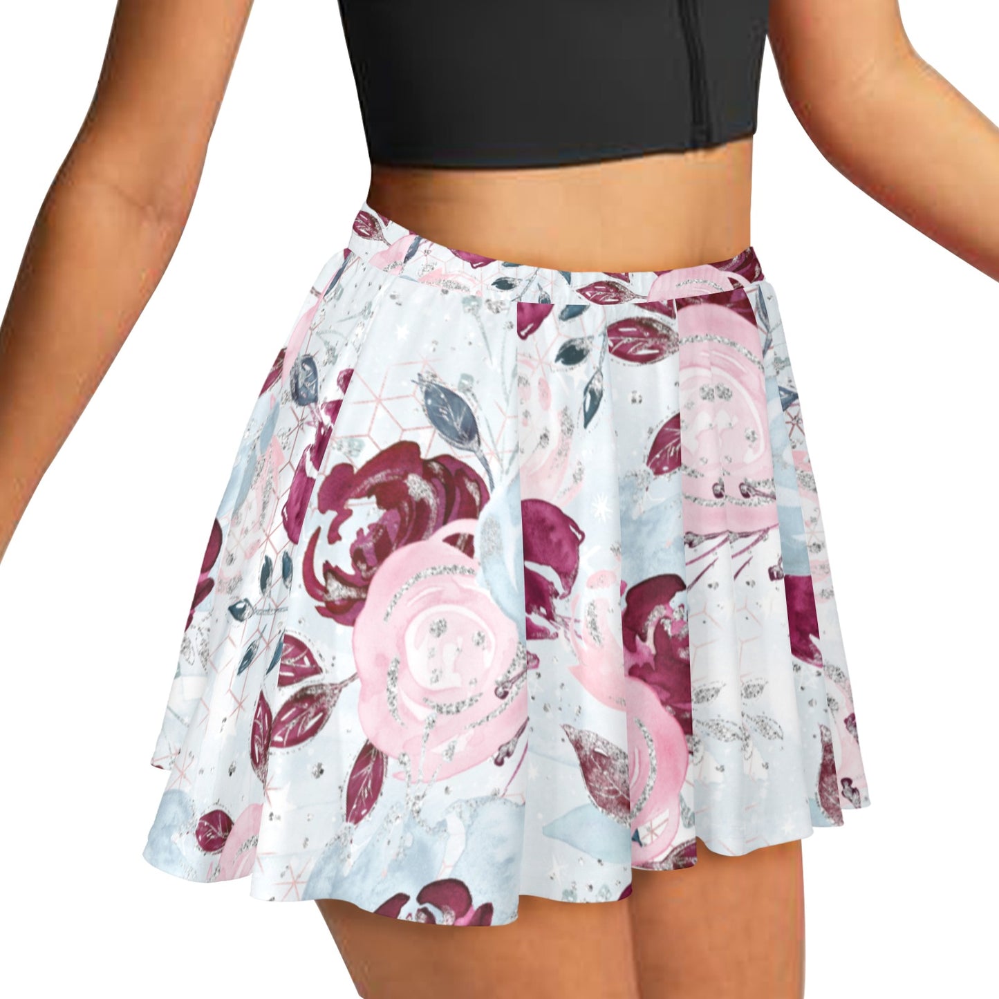 Skater Skirt Roses Pink Blue Skater Skirt (Model D69)