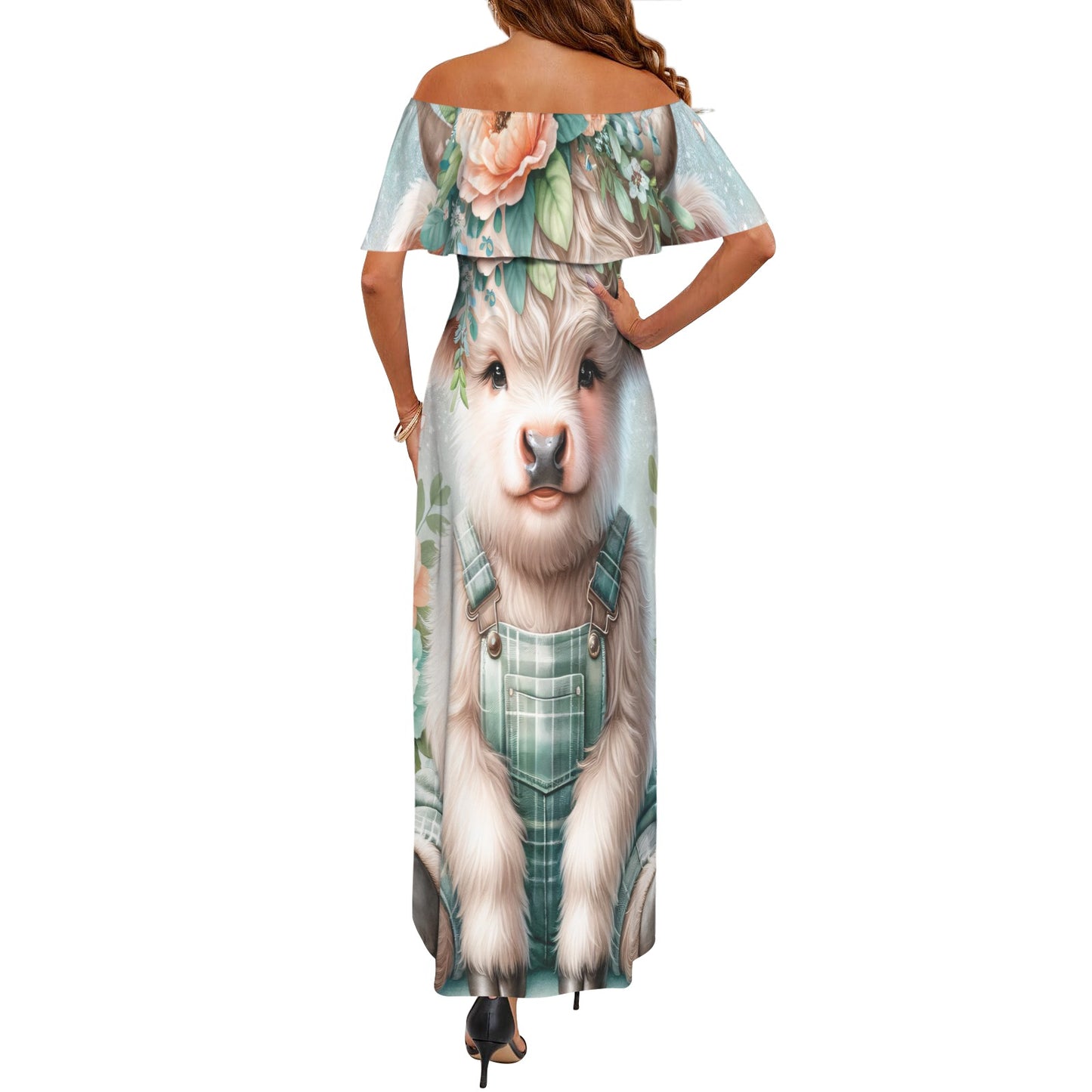 Highland Cow awd1158 Women's Off Shoulder Ruffle Boat Neck Dress (Model D71)