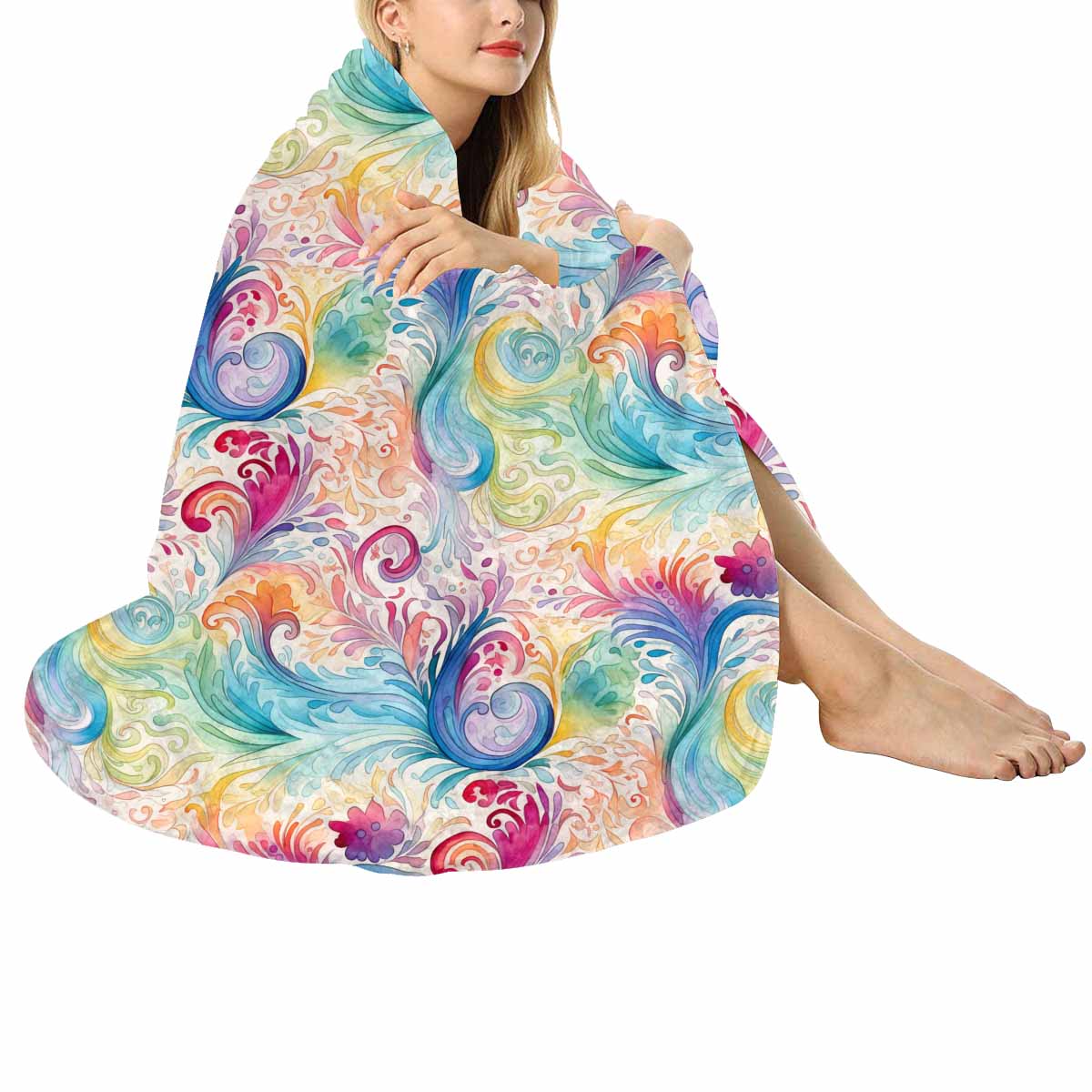 Pastel Rainbow Paisley  Circular Micro Fleece Blanket 47"