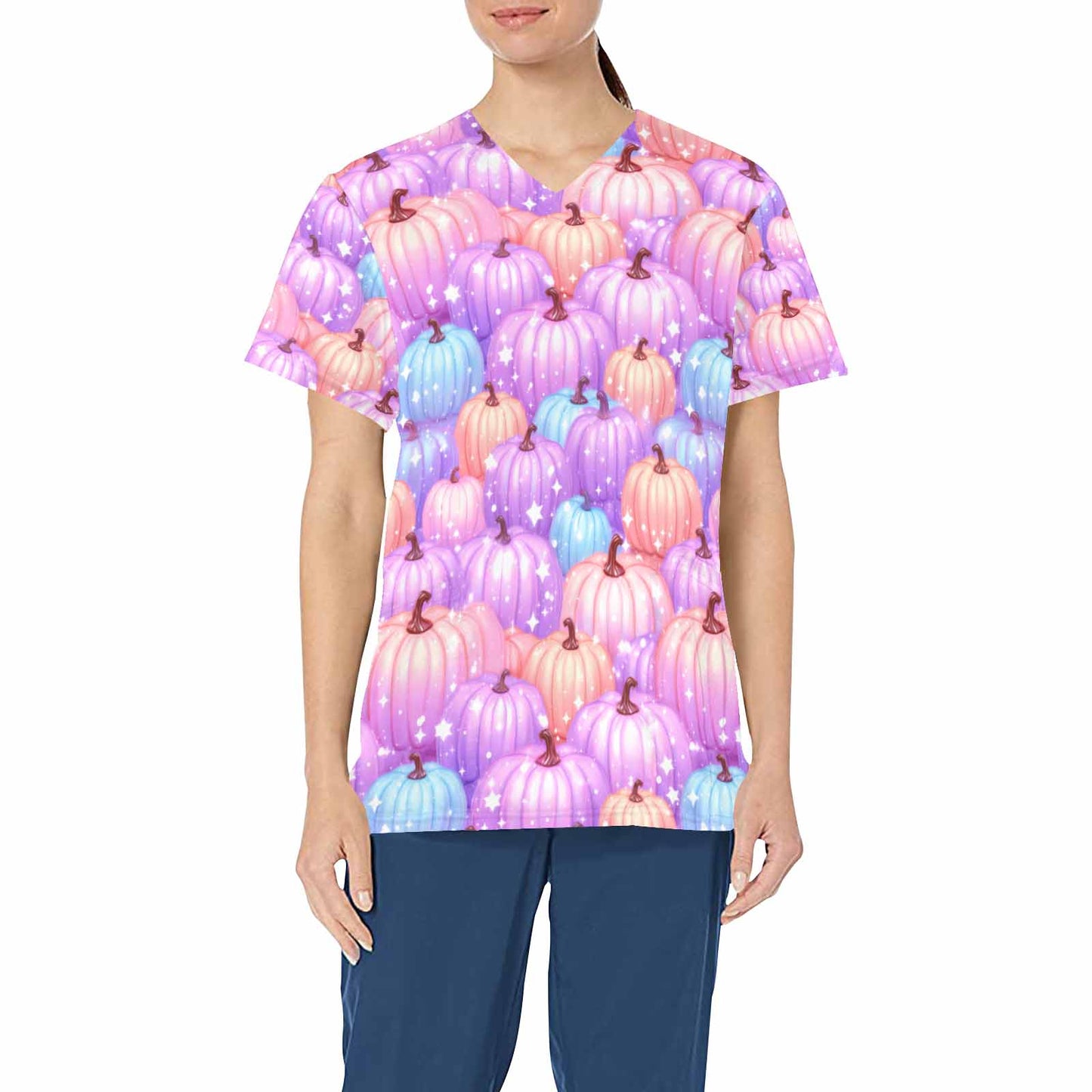 Pastel Pumpkins  Women's V Neck Scrub Top Nurse Uniform with Deep Front Pockets