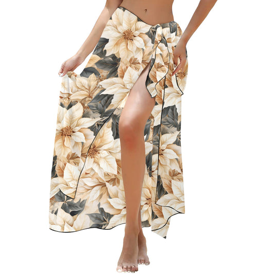 Cream Poinsettia2 Long Beach Sarong Wrap