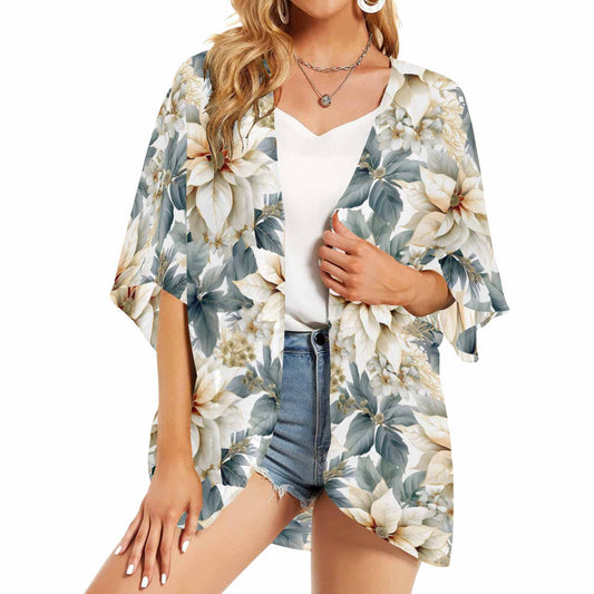 Cream Poinsettia Women's Kimono Chiffon Cover Up