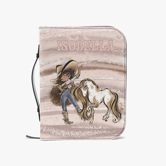 book/Bible Cover, Howdy, Cowgirl and Horse, Brunette Curly Hair, Olive Skin, Brown Eyes