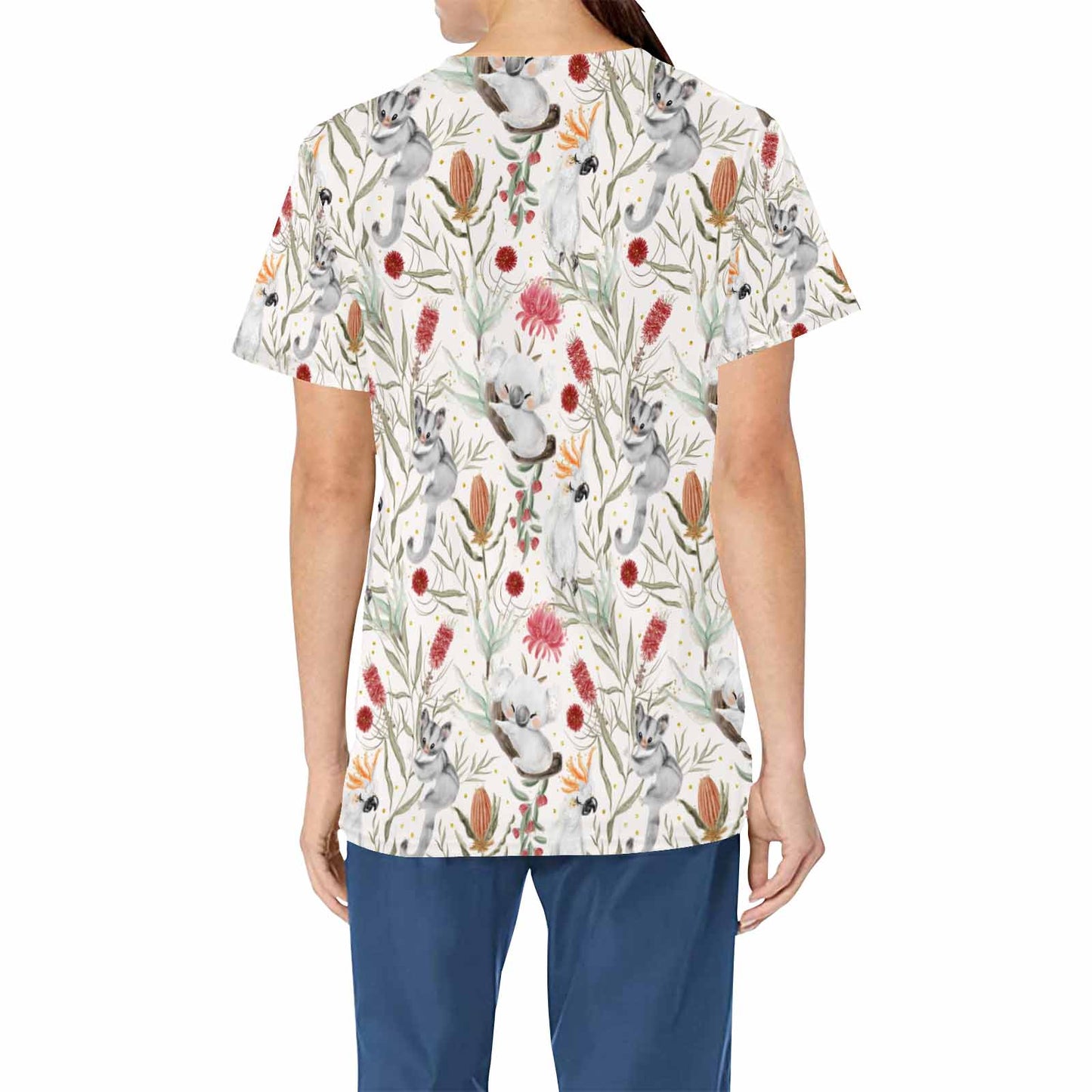 Australian Animals Koala and Sugar Glider   Women's V Neck Scrub Top Nurse Uniform with Deep Front Pockets