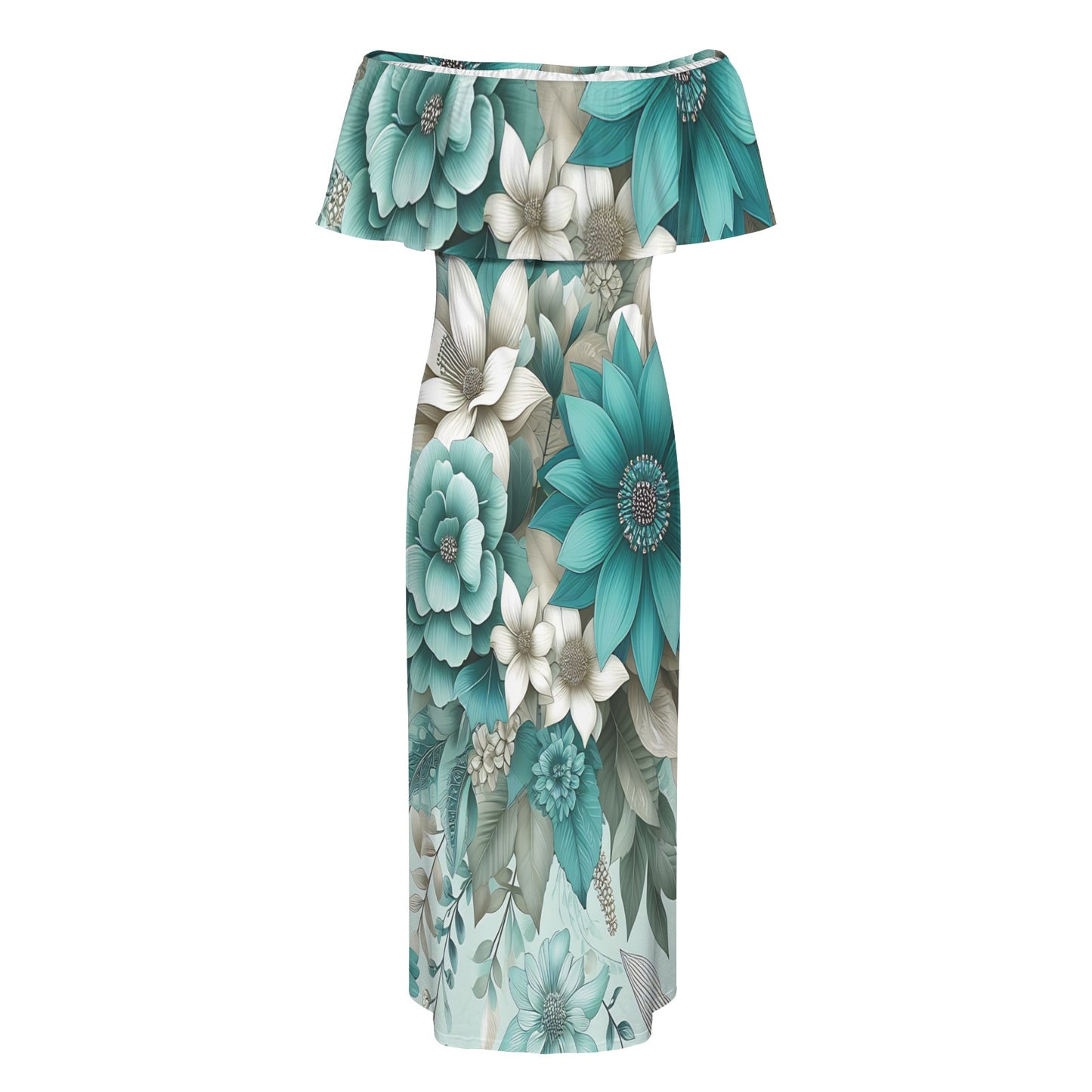 Green Floral awd440 Women's Off Shoulder Ruffle Boat Neck Dress (Model D71)