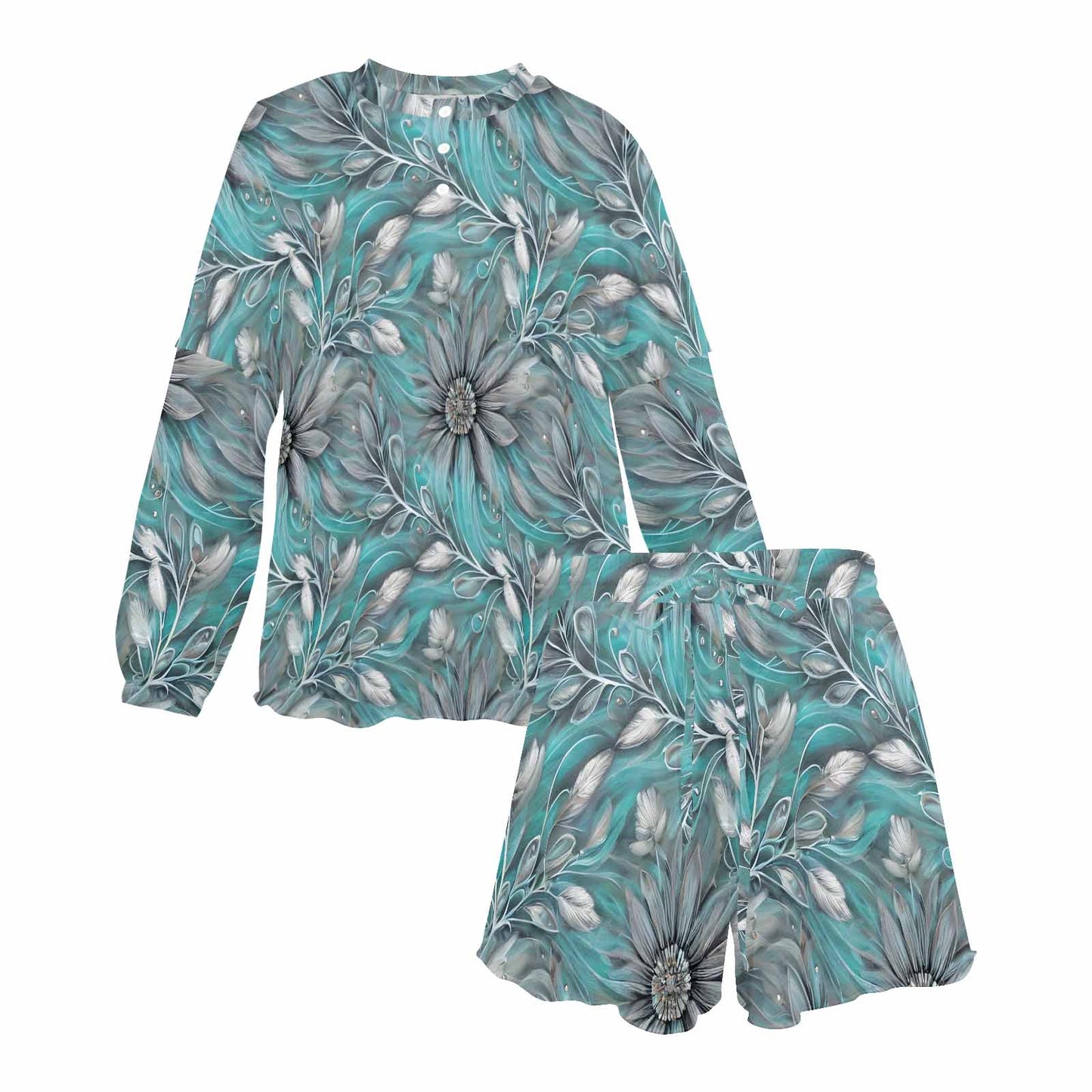 Green Elegant Floral Small Print Women's Long Sleeve Pajama Set with Shorts