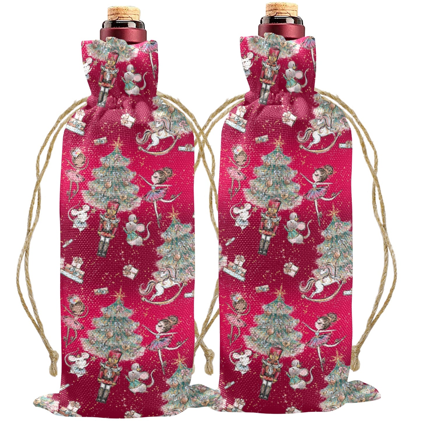 Red Sugar Plum Xmas Linen Wine Bottle Bag