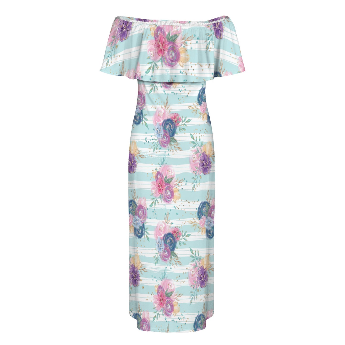 Purple and Pink floral Blue Stripes Women's Off Shoulder Ruffle Boat Neck Dress (Model D71)