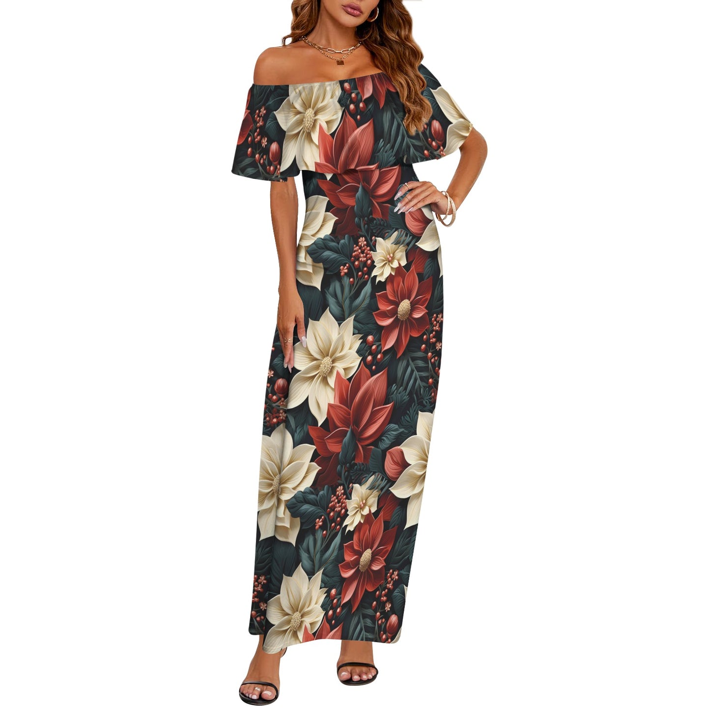 Red Poinsettia Women's Off Shoulder Ruffle Boat Neck Dress (Model D71)