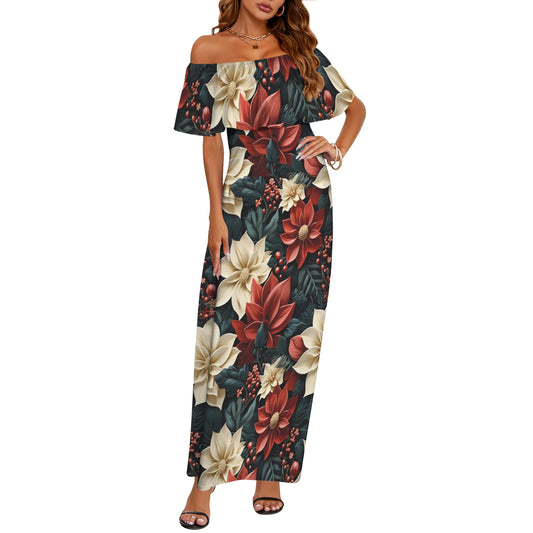 Red Poinsettia Women's Off Shoulder Ruffle Boat Neck Dress (Model D71)