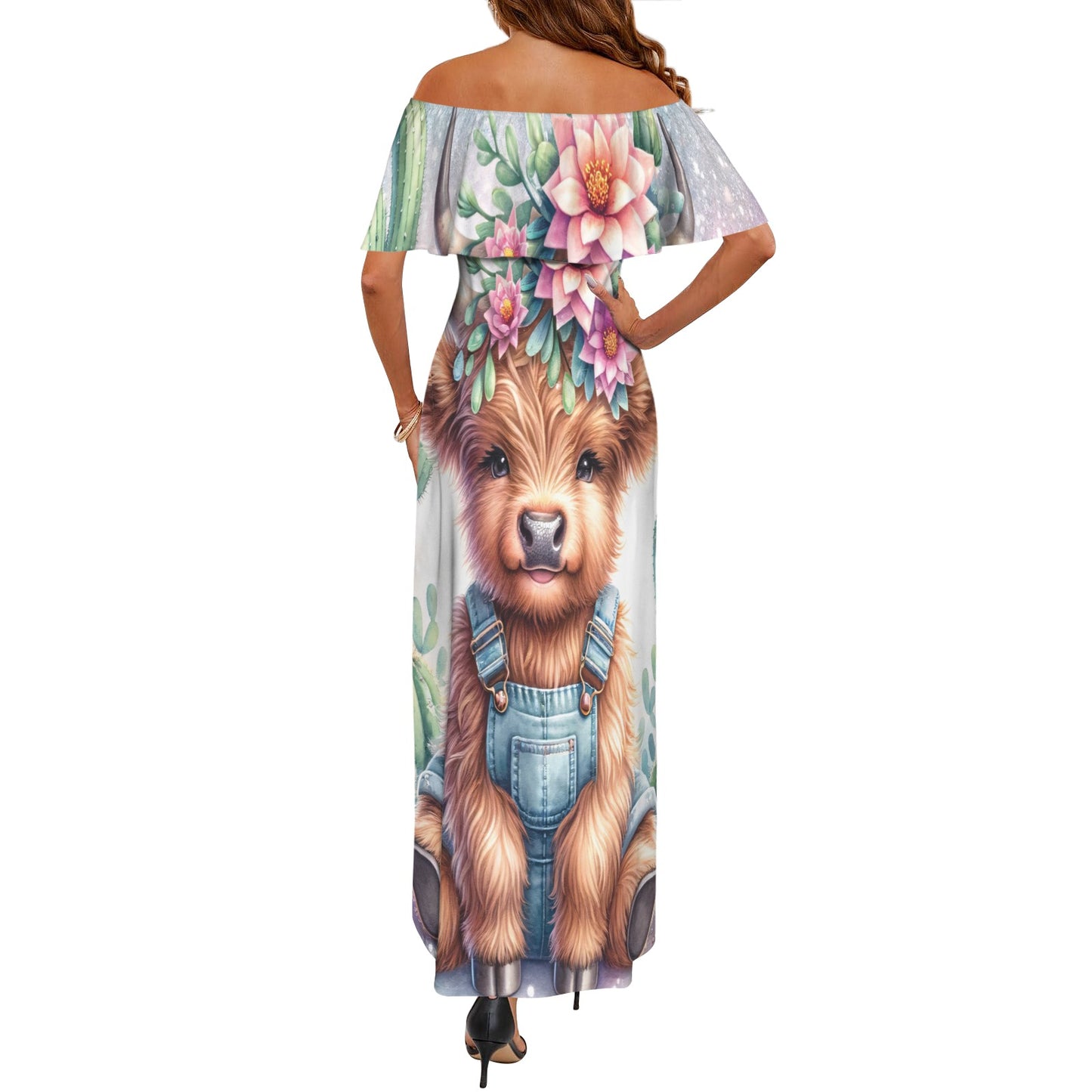 Highland Cow awd1160 Women's Off Shoulder Ruffle Boat Neck Dress (Model D71)