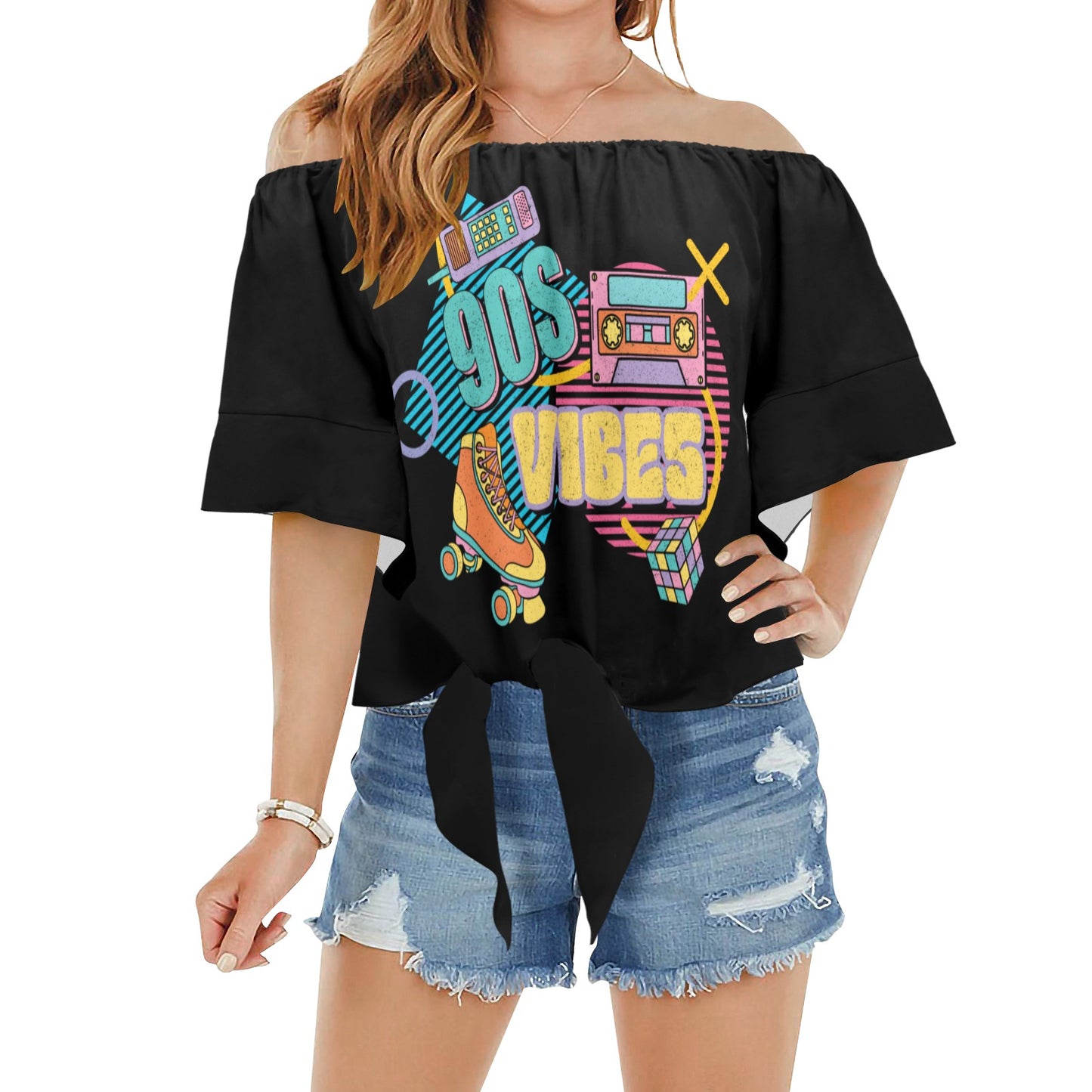 90's Vibes Retro 90's off Shoulder Knot Front Blouse