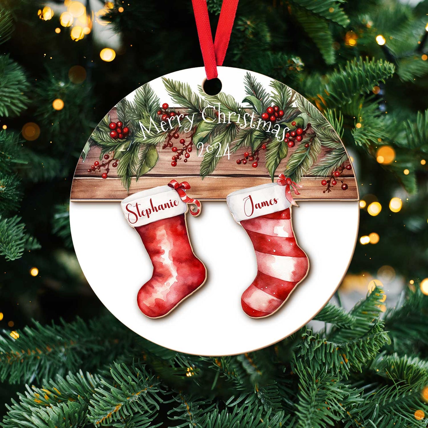 Layered Wooden Personalised Stocking Christmas Ornament