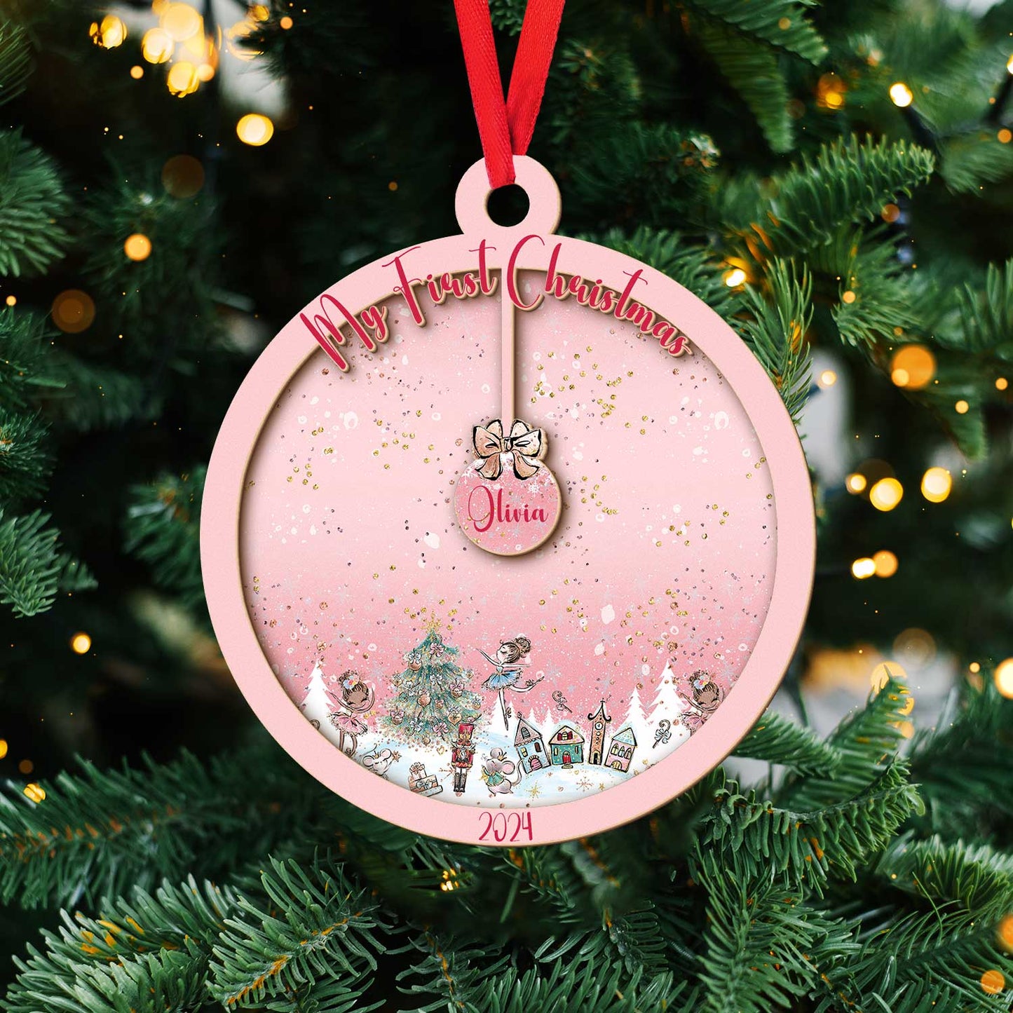 Layered Wooden Personalised Pink Christmas Bauble Ornament