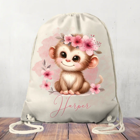 Canvas Drawstring Bag, Personalised Monkey