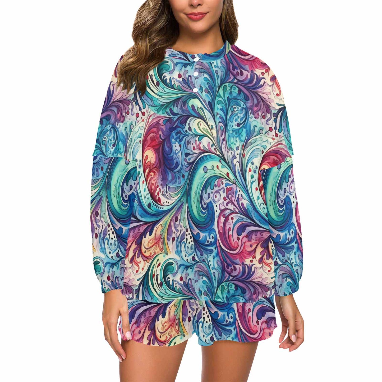 Rainbow Paisley Women's Long Sleeve Pajama Set with Shorts