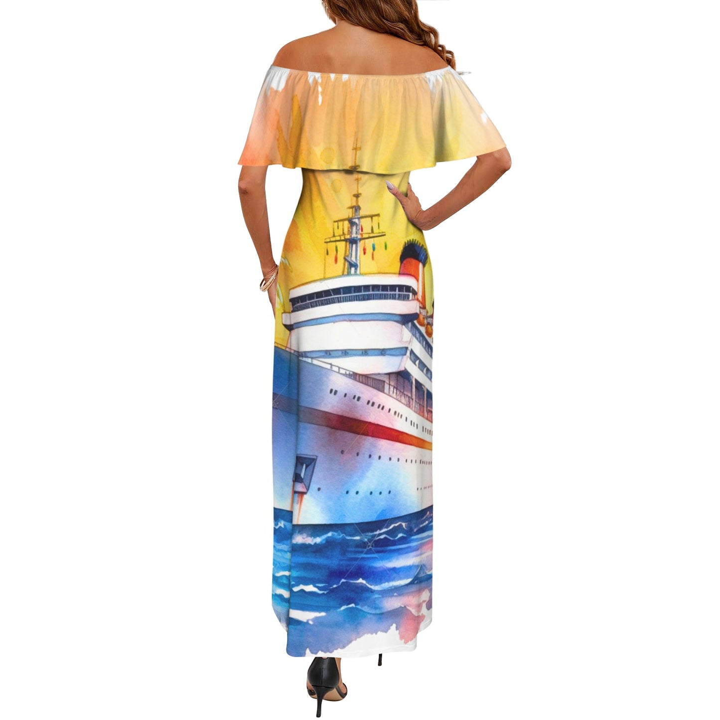 Just Cruisin 2 Women's Off Shoulder Ruffle Boat Neck Dress (Model D71)