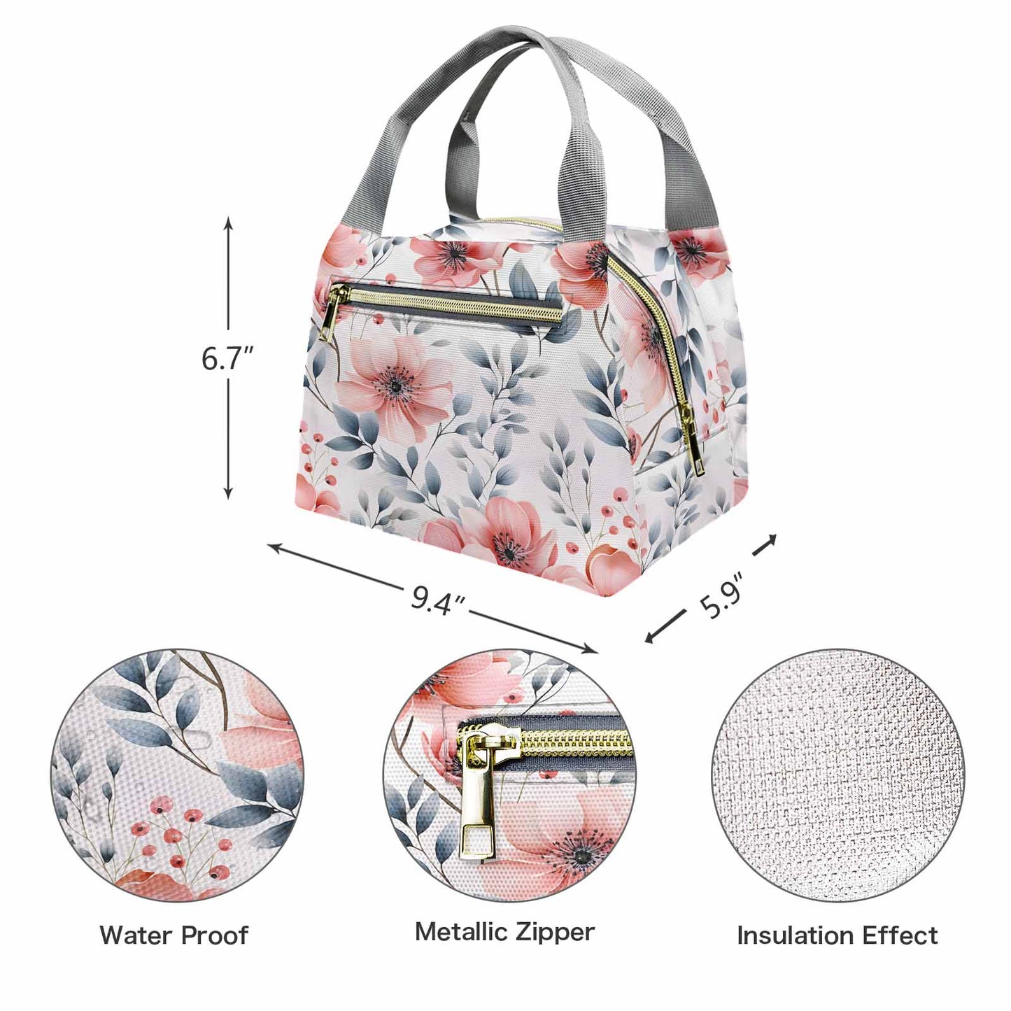 Apricot and Grey Floral  Portable Lunch Bag-Grey Handle