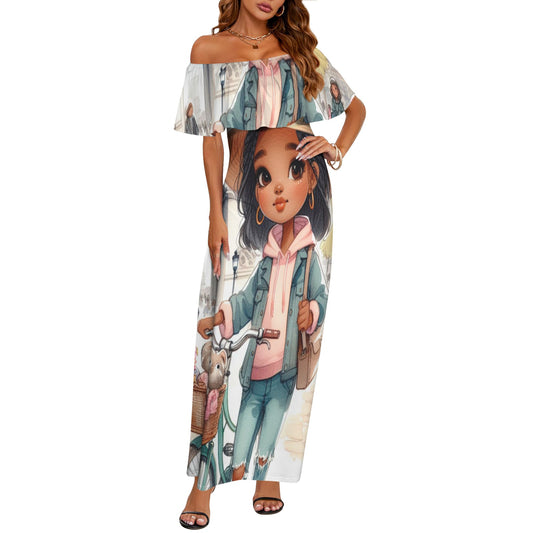 Girl 10 Women's Off Shoulder Ruffle Boat Neck Dress (Model D71)