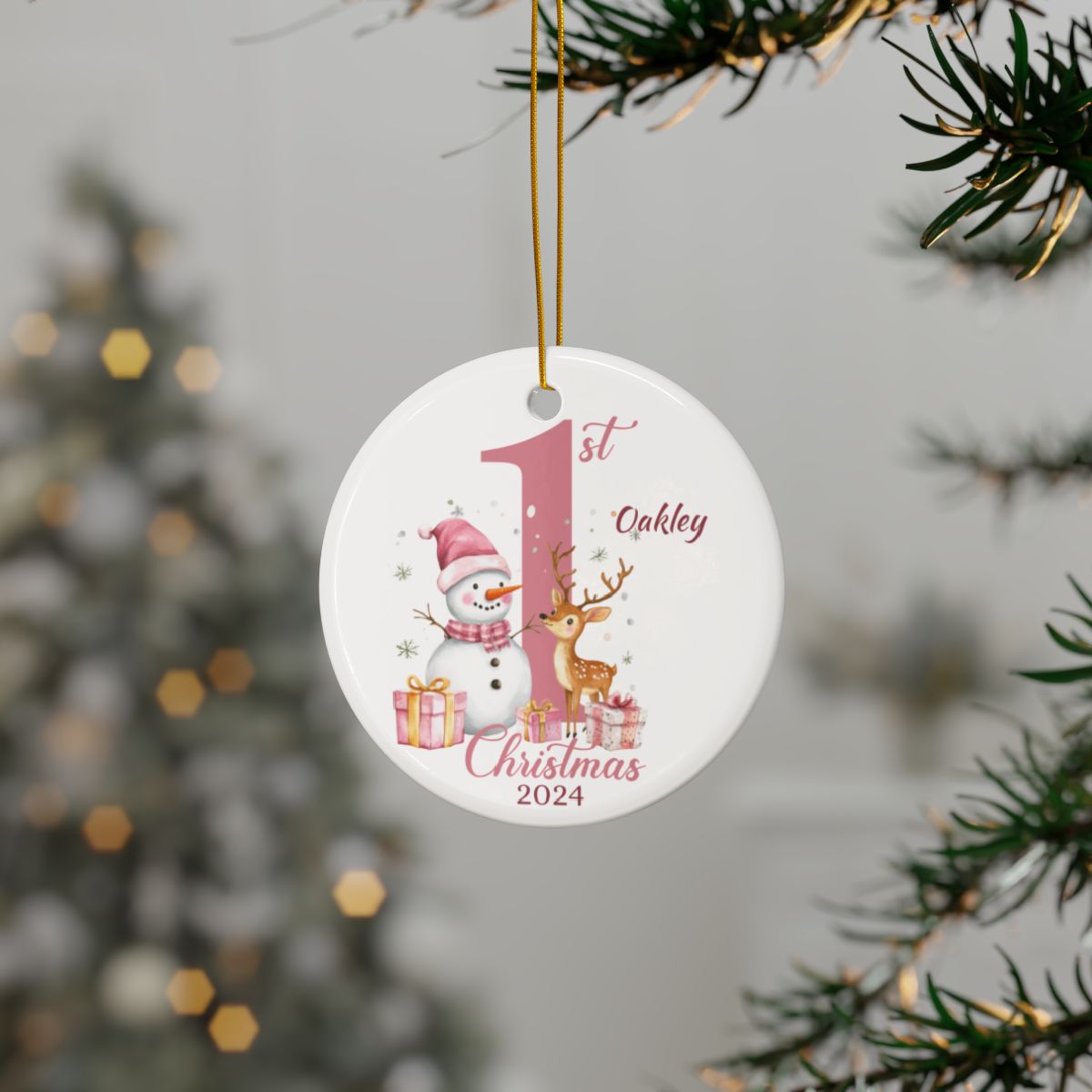 Personalized Baby's First Christmas Ornament, Pink Snowman Ceramic Keepsake