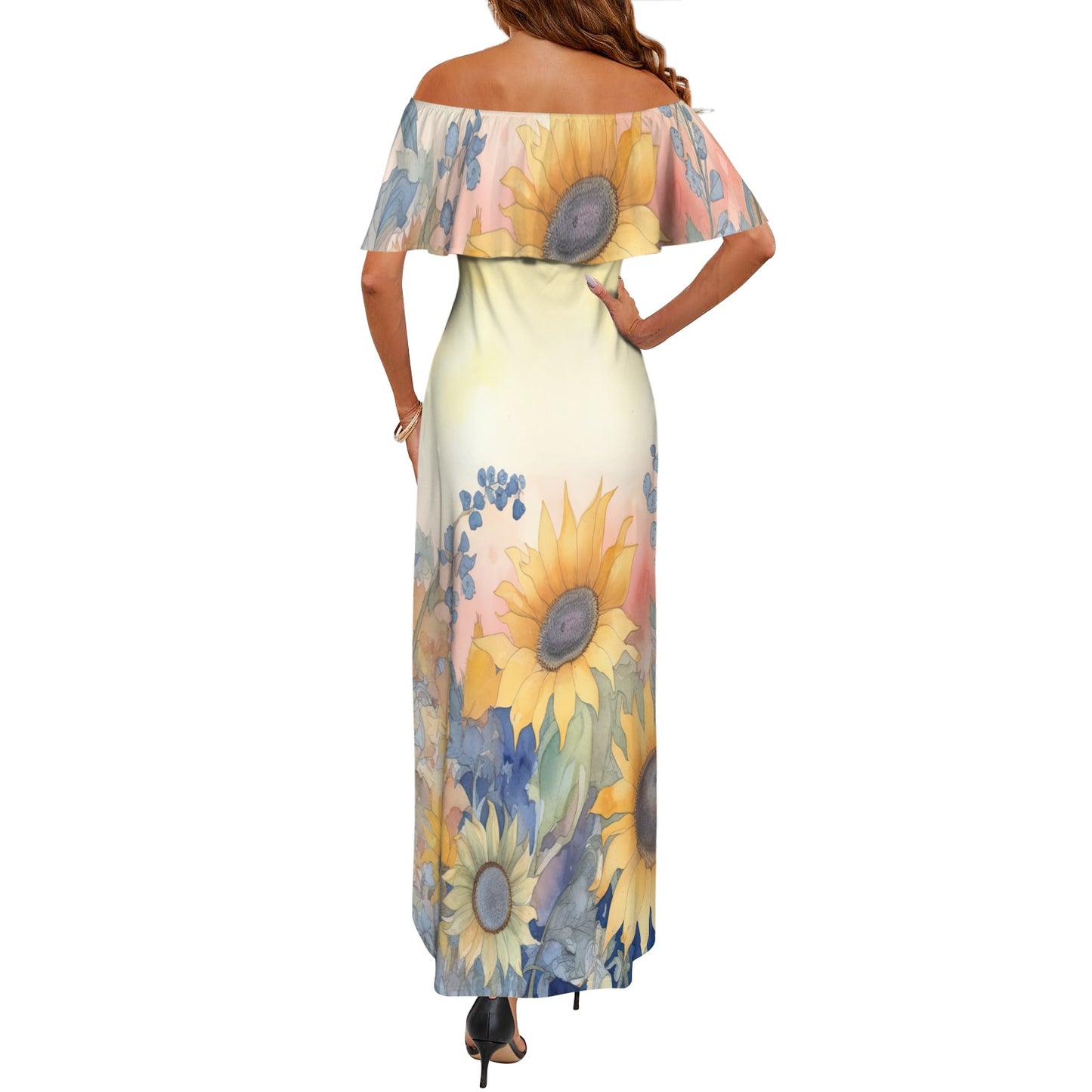 Floral awd342 Women's Off Shoulder Ruffle Boat Neck Dress (Model D71)