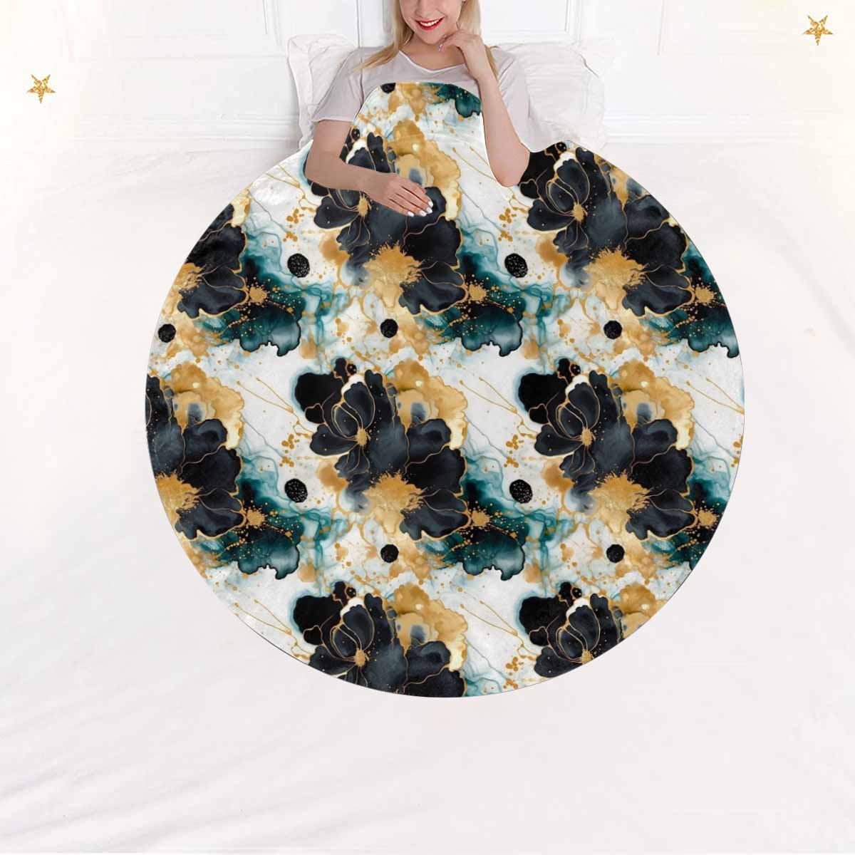 Black Gold & Green Ink Floral  Circular Micro Fleece Blanket 47"