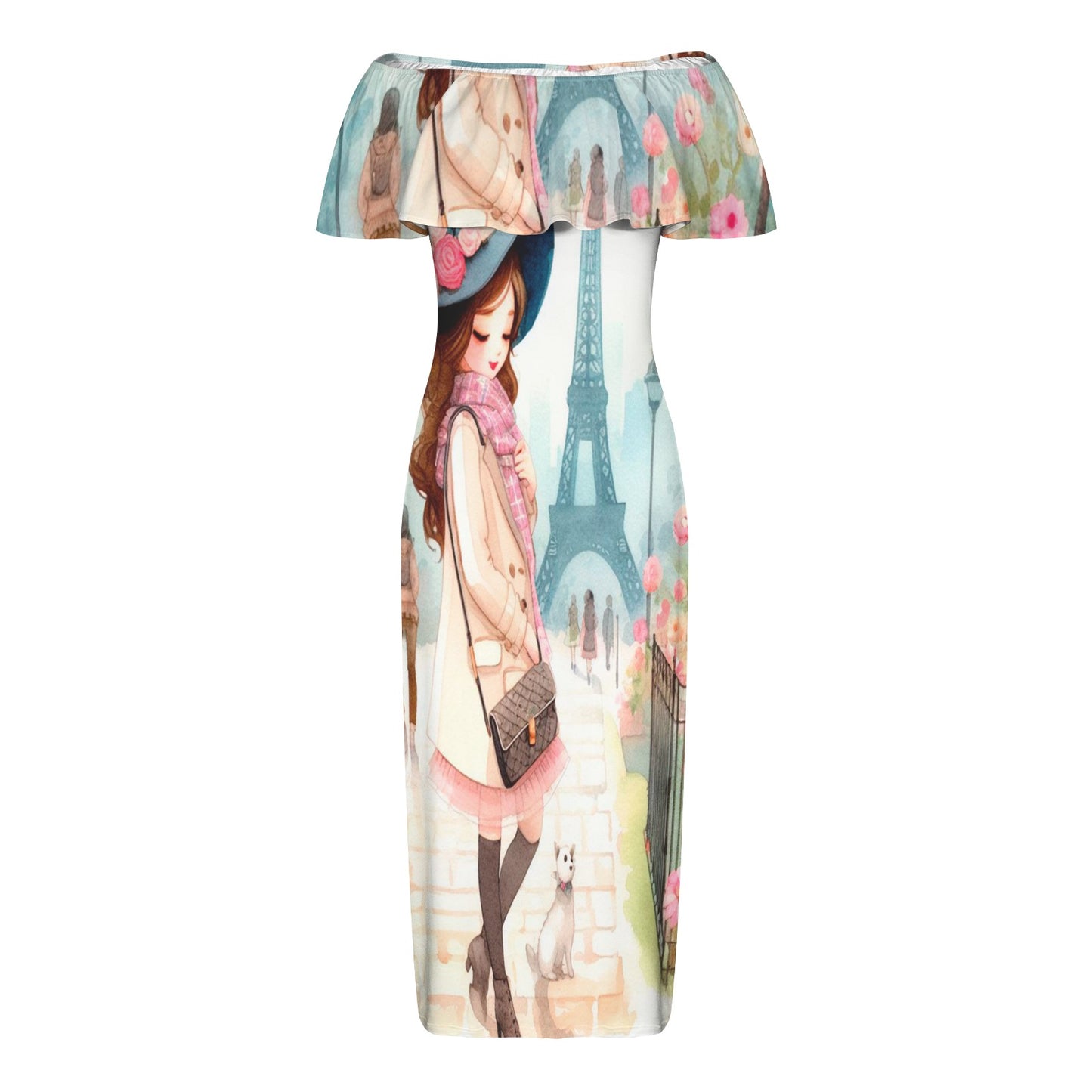 Girl 8 Women's Off Shoulder Ruffle Boat Neck Dress (Model D71)