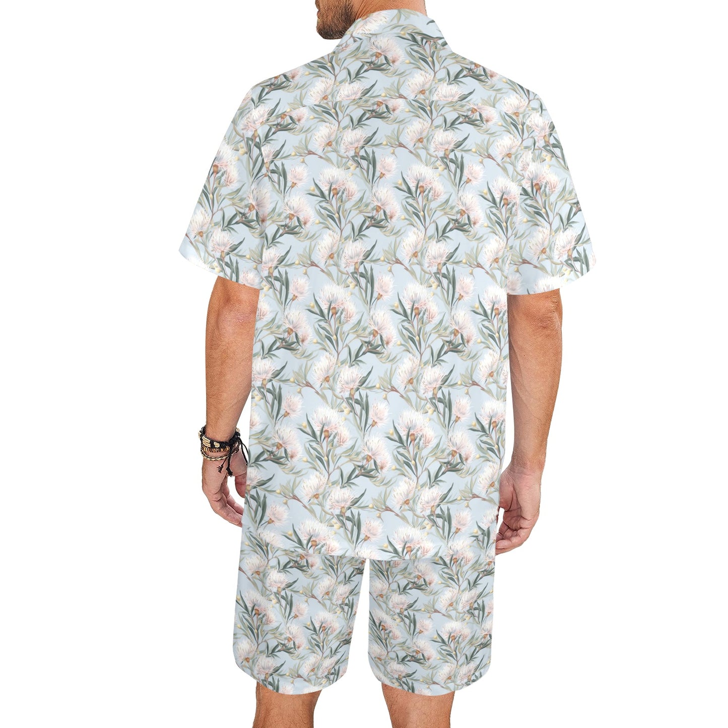 Men's Shirt & Shorts Set Boho Australian Flowers Blue Men's Shirt and Shorts Outfit (Set26)