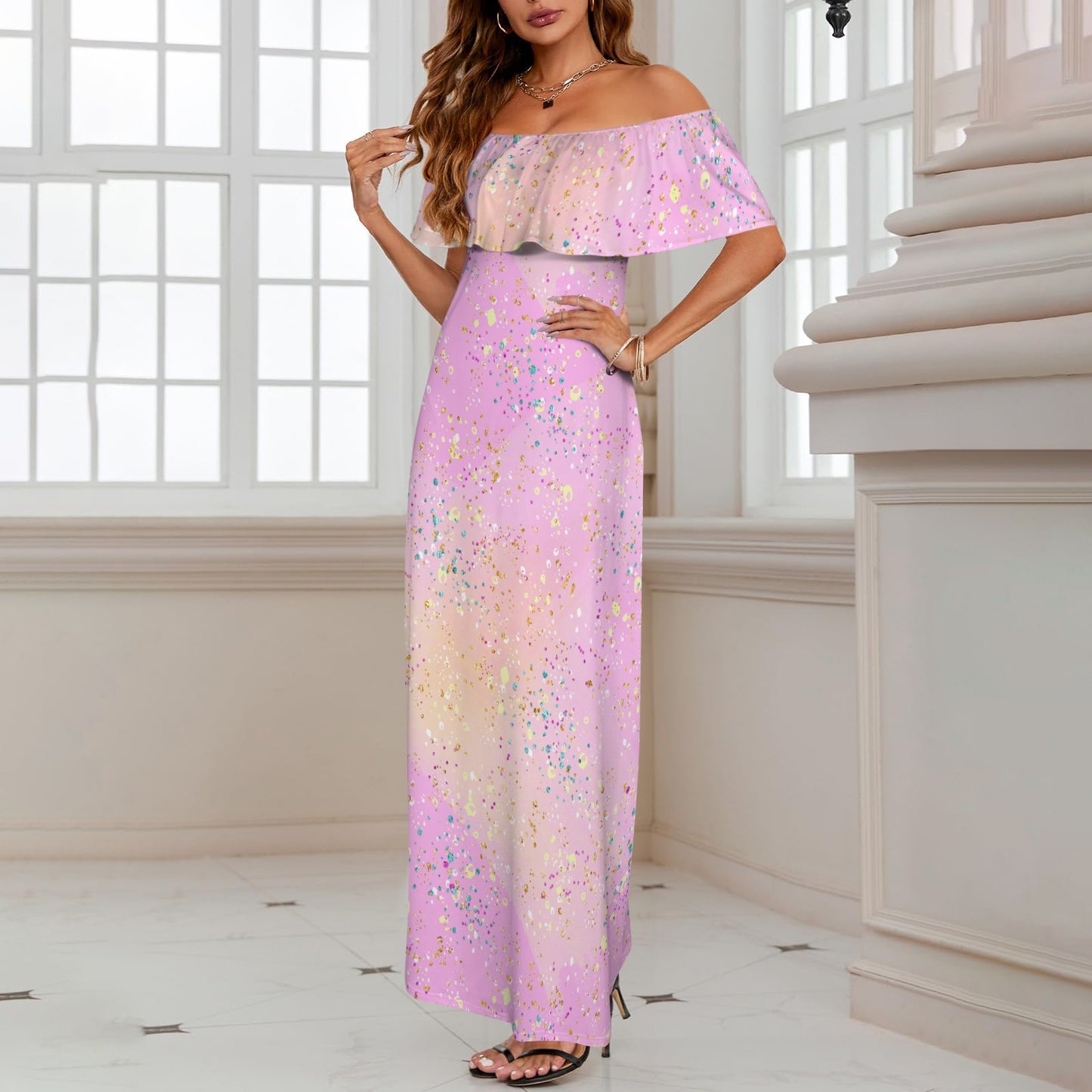 Pink Splash Women's Off Shoulder Ruffle Boat Neck Dress (Model D71)