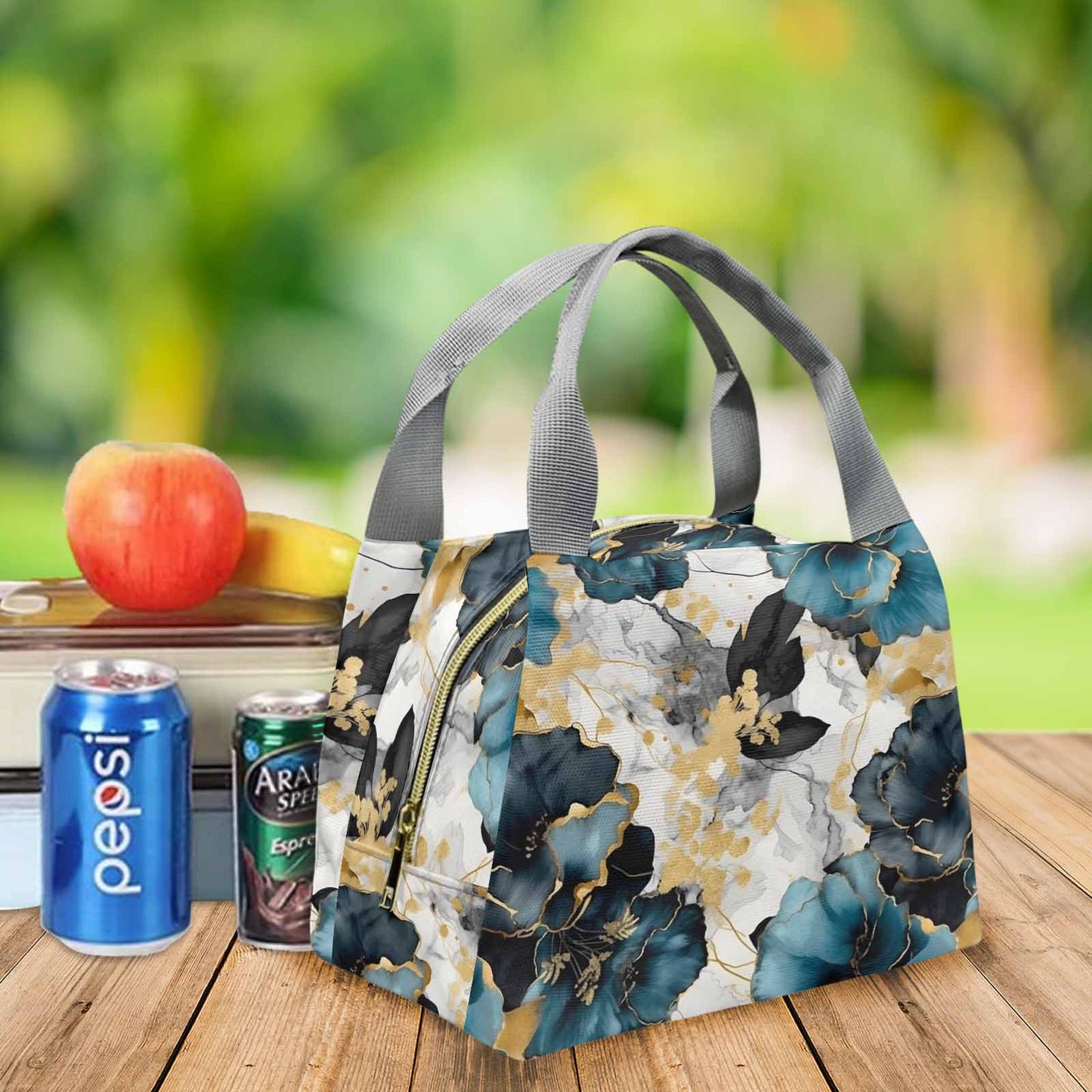 Blue & Gold Ink Floral  Portable Lunch Bag-Grey Handle