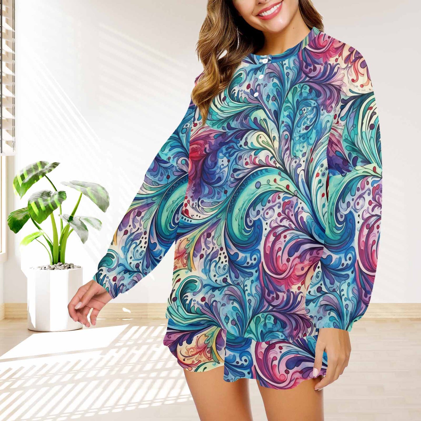 Rainbow Paisley Women's Long Sleeve Pajama Set with Shorts