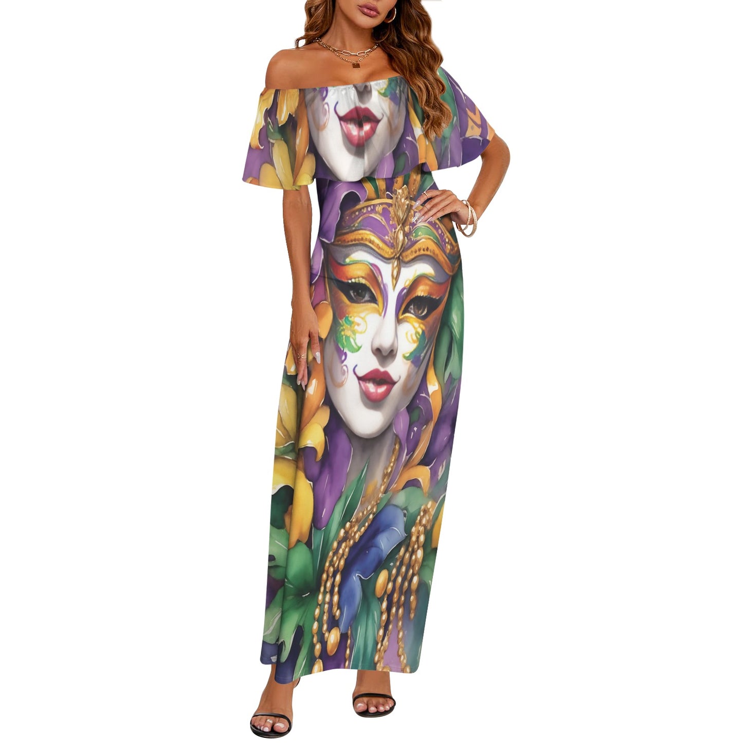 Mardi Gras awd442 Women's Off Shoulder Ruffle Boat Neck Dress (Model D71)