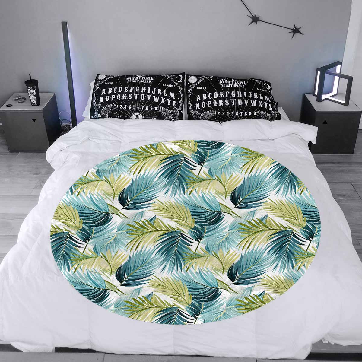 Palm Leaves Blue Green  Circular Micro Fleece Blanket 60"