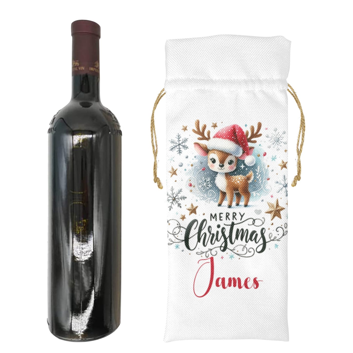 Merry Christmas Reindeer Personalised Linen Wine Bottle Bag