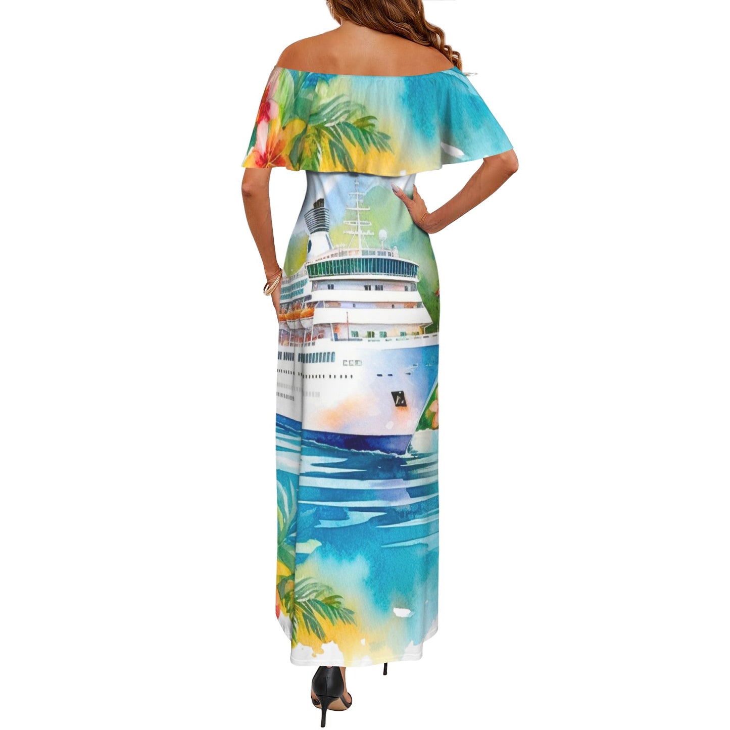 Just Cruisin Women's Off Shoulder Ruffle Boat Neck Dress (Model D71)