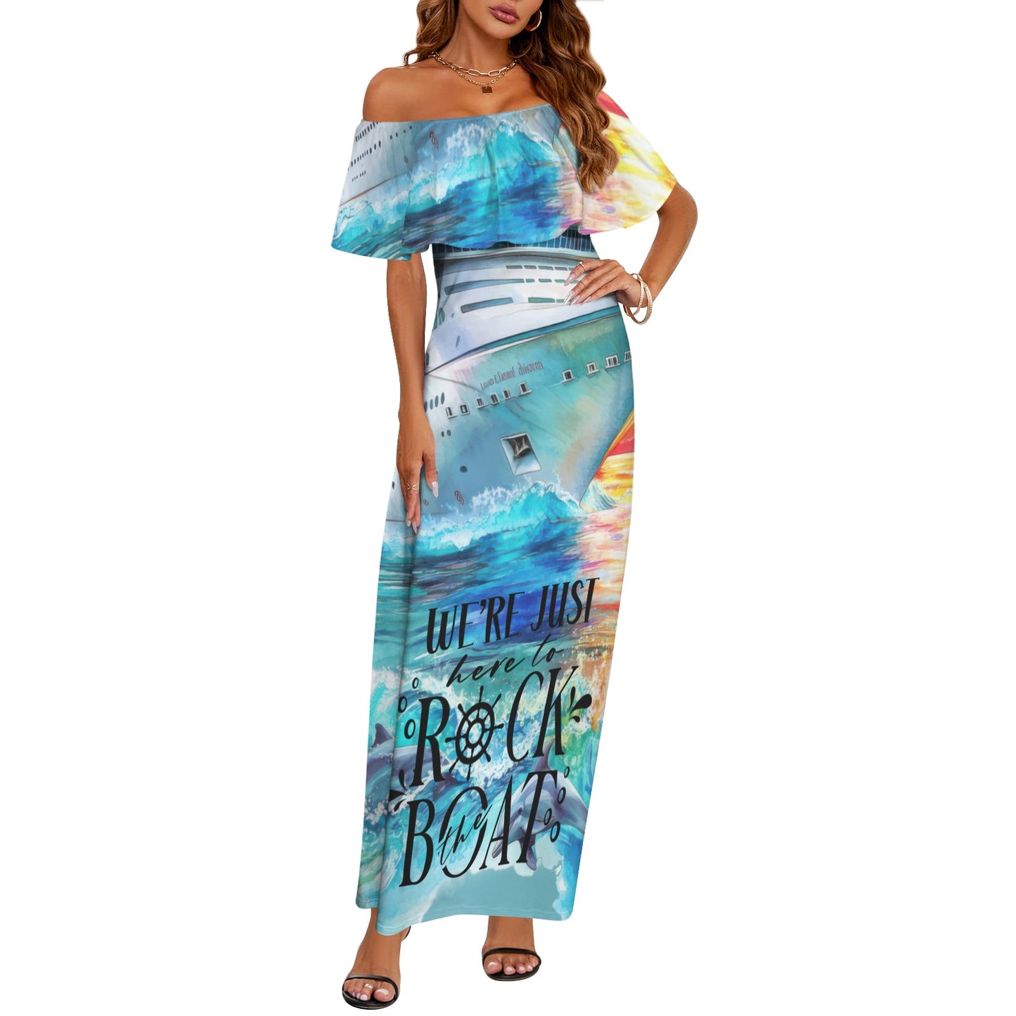 rock the boat Women's Off Shoulder Ruffle Boat Neck Dress (Model D71)