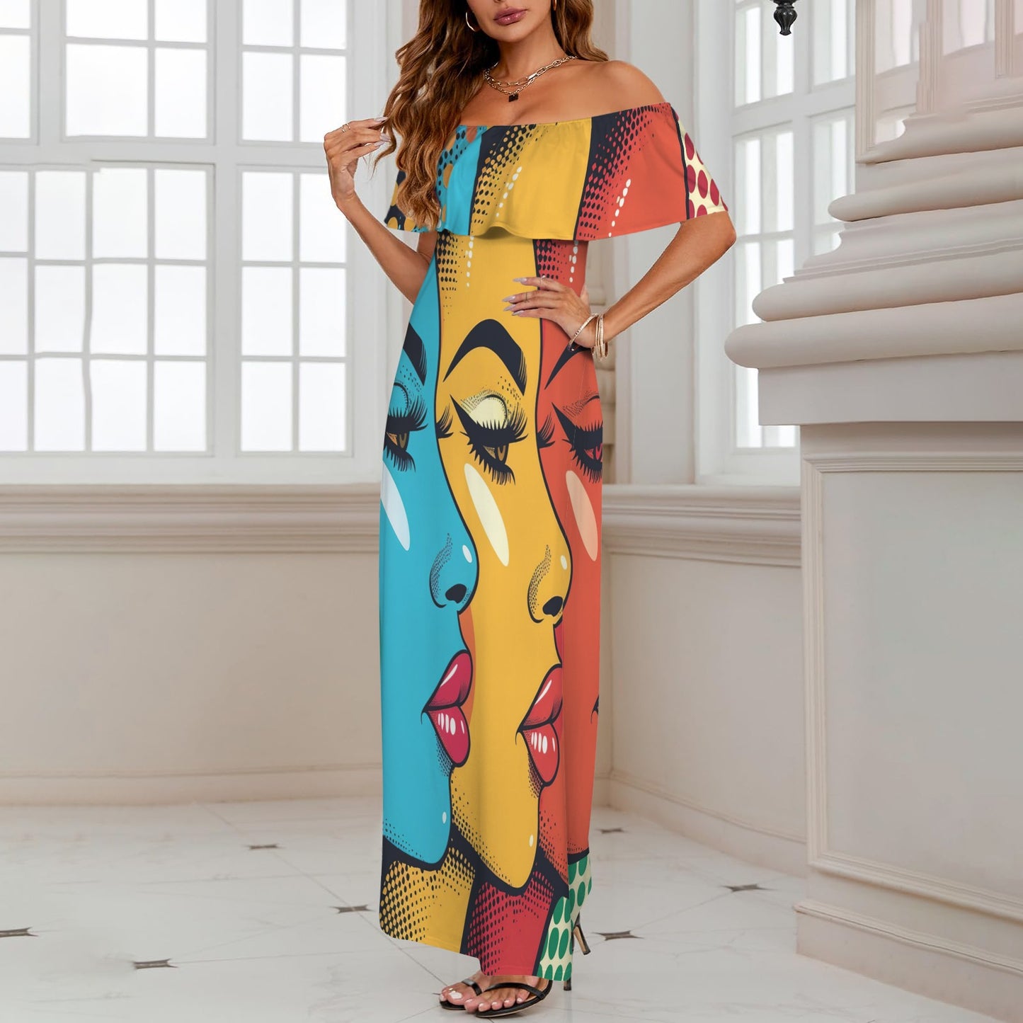 Pop art awd711 Women's Off Shoulder Ruffle Boat Neck Dress (Model D71)