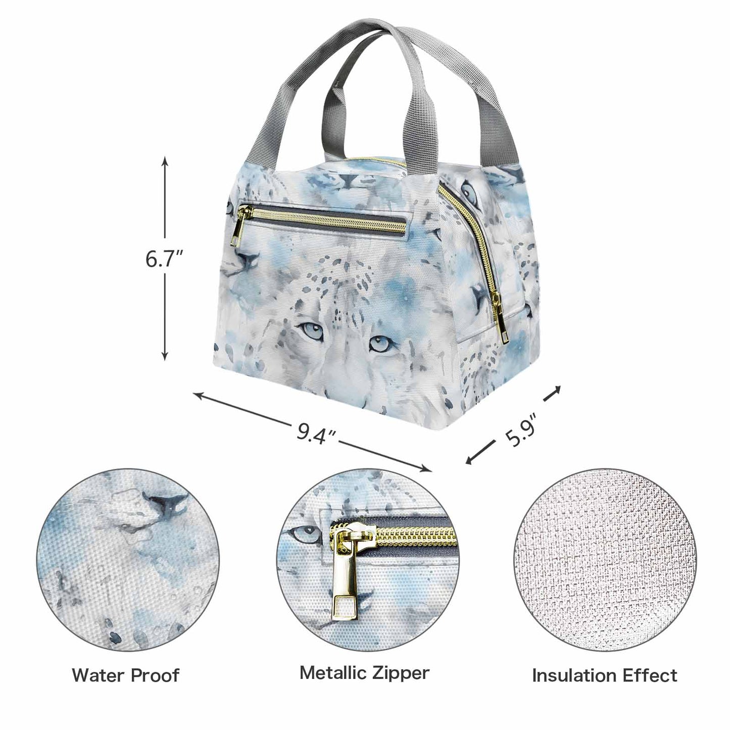 White Leopard  Portable Lunch Bag-Grey Handle