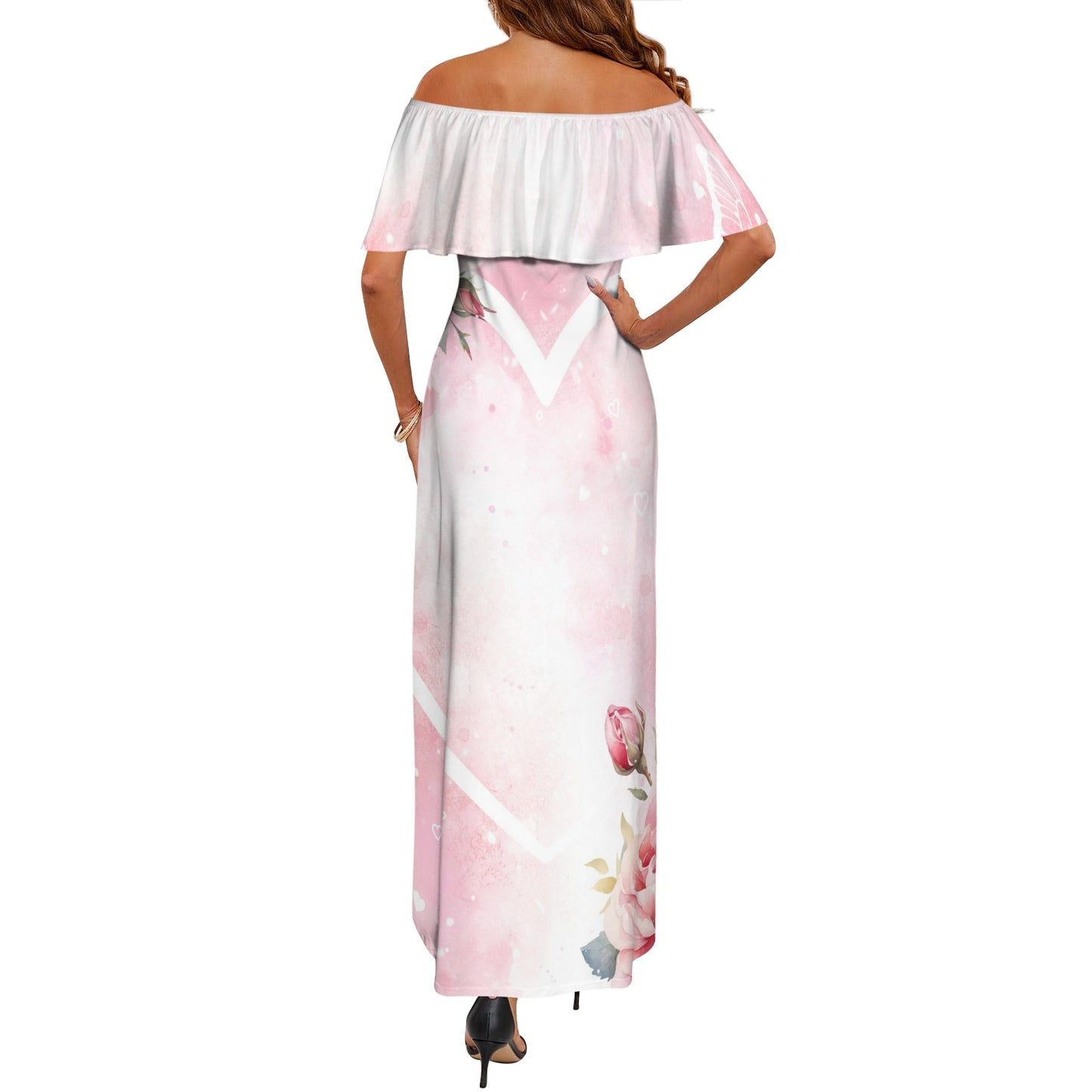 Roses Heart Women's Off Shoulder Ruffle Boat Neck Dress (Model D71)