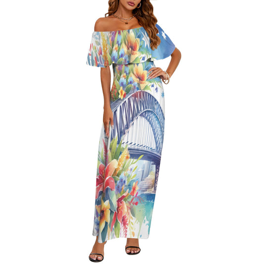 Australia Sydney Harbour Bridge awd1315 Women's Off Shoulder Ruffle Boat Neck Dress (Model D71)