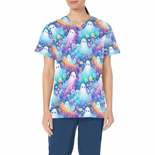 Pastel Floral Halloween Ghost  Women's V Neck Scrub Top Nurse Uniform with Deep Front Pockets