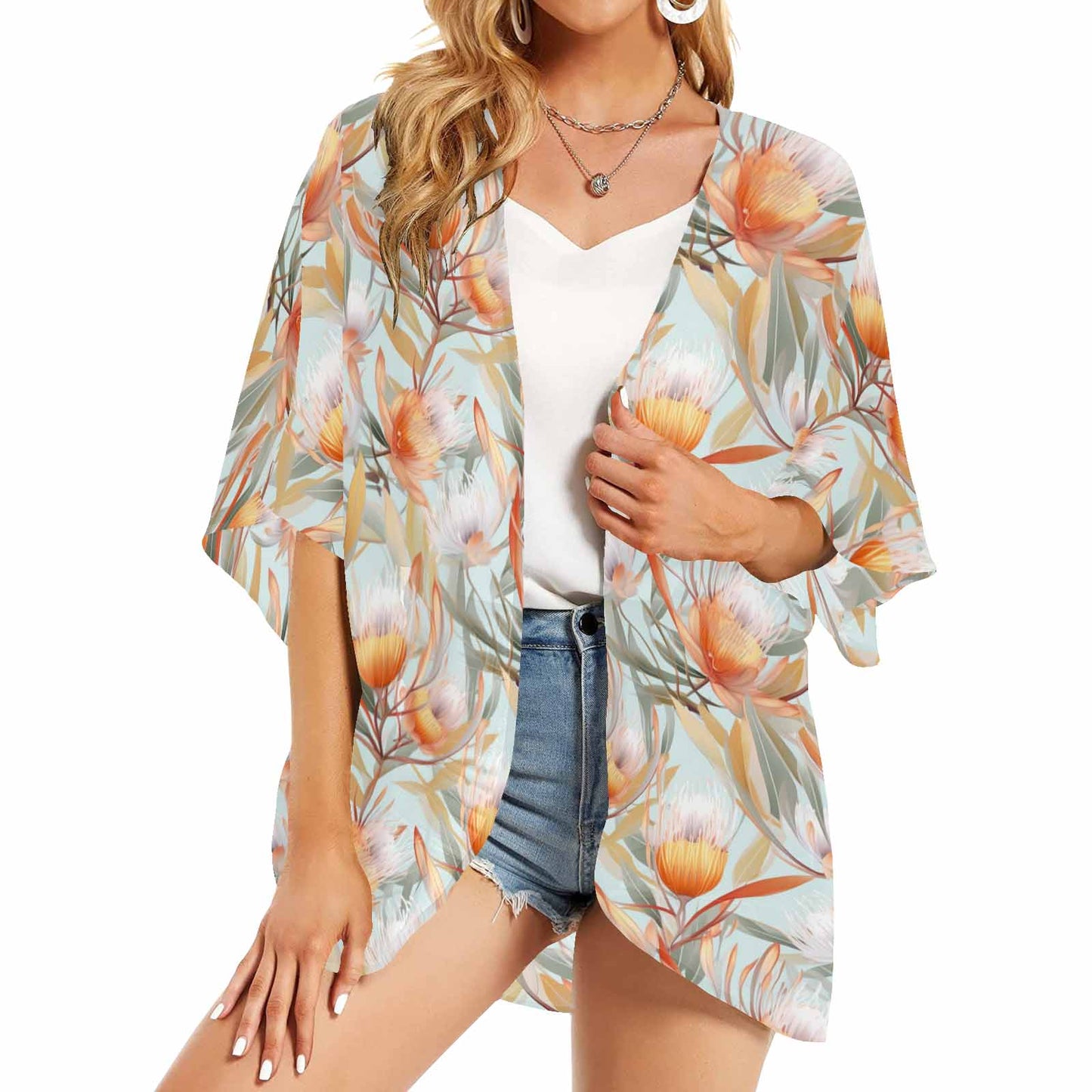 Australian Floral Green  GP Women's Kimono Chiffon Cover Up